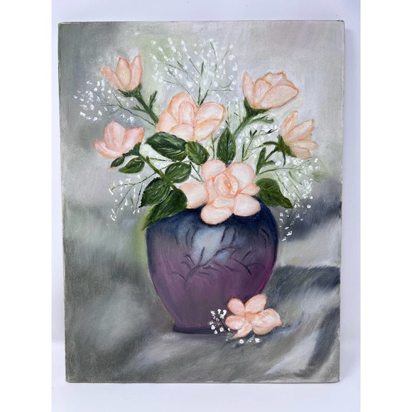 Canvas of Pink Flowers‎ in Purple Vase Light Gray Background - Picture 1 of 6